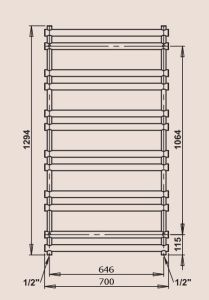 P.M.H. Ulysses U8A Grzejnik łazienkowy czarny 70 x 129 cm rysunek techniczny