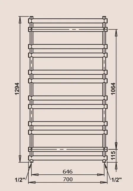 P.M.H. Ulysses U8A Grzejnik łazienkowy czarny 70 x 129 cm rysunek techniczny