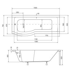  Kabino-wanna 150x70 cm Besco Inspira 150 lewa z parawanem rysunek techniczny.