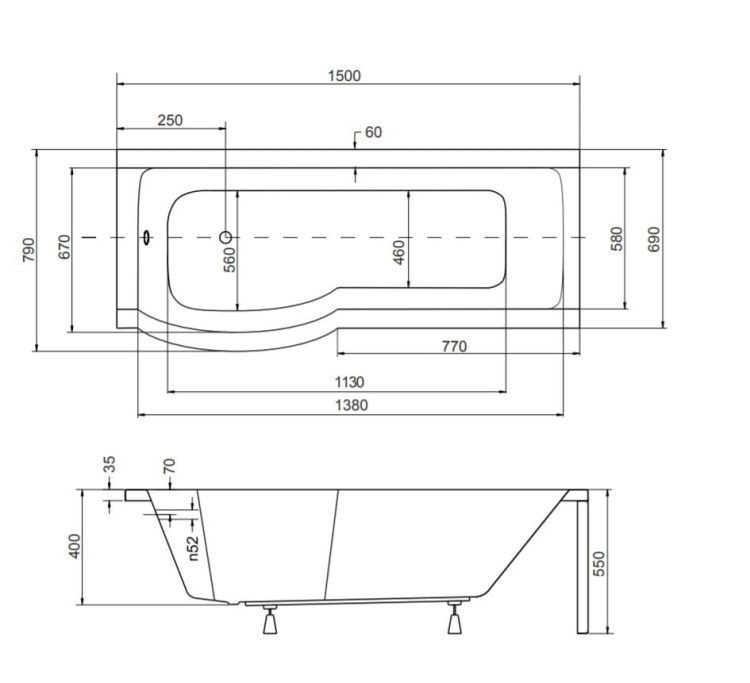 Kabino-wanna 150x70 cm Besco Inspira 150 lewa z parawanem rysunek techniczny.