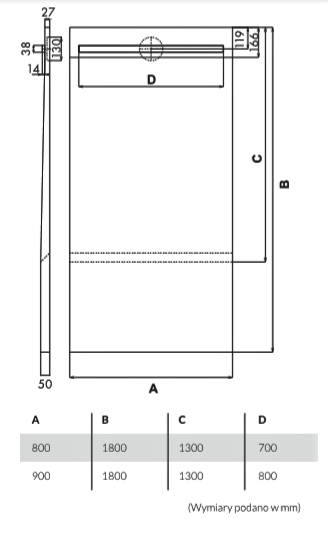 Brodzik podpłytkowy 130+50x90x5 cm Schedpol Slim Lux 10.113/OLPL rys.tech.