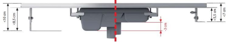 Odpływ liniowy niski  APZ106 z odpływem pionowym i poziomym widok z boku rys.tech.