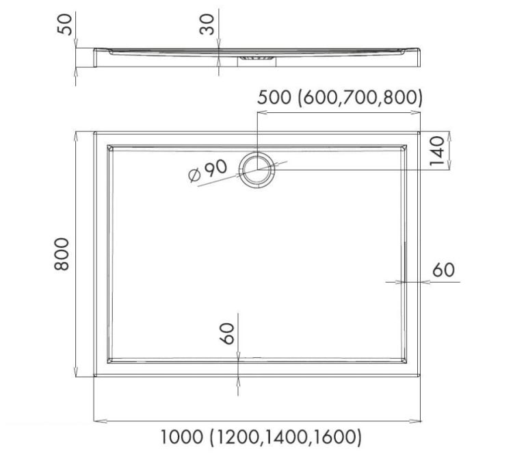 Brodzik prostokątny 80x140x5cm Schedpol Caspar 3.244 rys.tech.