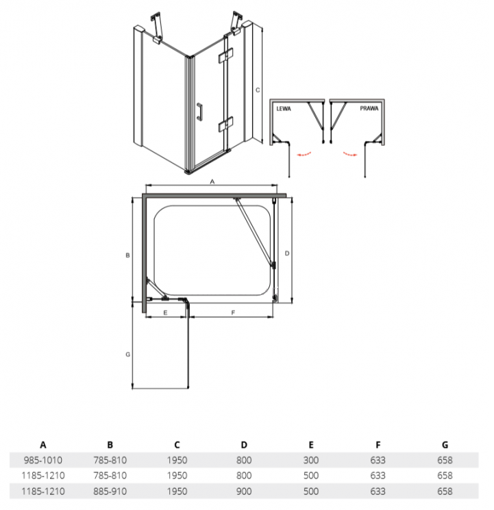 Kabina prysznicowa prostokątna 100x80x195 cm Besco Viva 195 rys. tech.