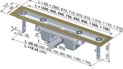 Odpływ liniowy APZ6 110 cm z rusztem Floor 1050 do wypełnienia kaflem rys. tech.