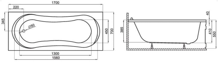 wanna 170x70 cm Polimat rys. tech.