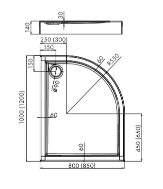 Brodzik półokrągły 80x100x14cm Schedpol Competia 3.0171 R55L rys.tech.