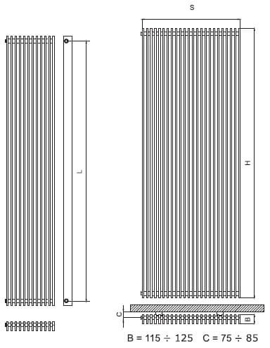 Grzejnik łazienkowy pionowy Radeco 180x33 cm Bora 1 rysunek techniczny