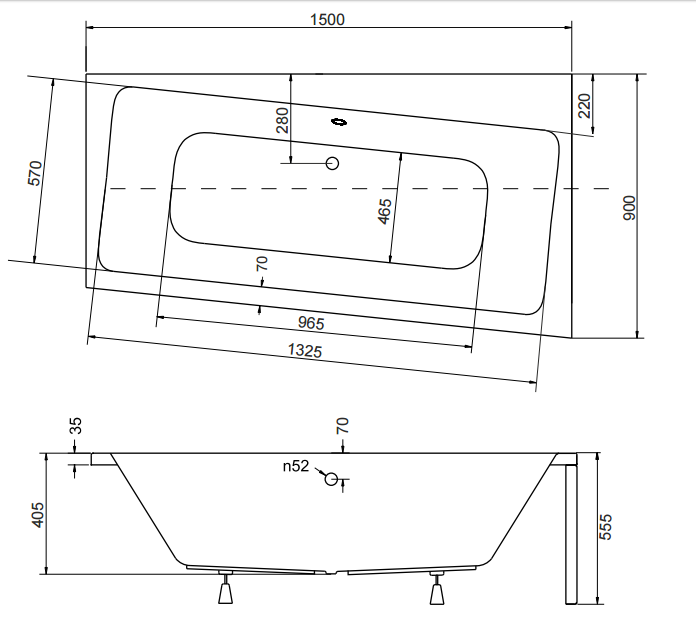 Wanna asymetryczna Besco 150x90 cm Infinity 150 prawa rys. tech.