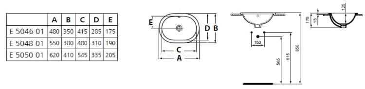 Umywalka owalna podblatowa 48x35 cm Ideal Standard Connect E504601 rysunek techniczny