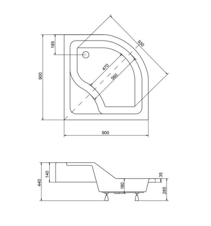 Brodzik półokrągły Oliver I 90x90 rysunek techniczny.JPG