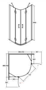 Kabina prysznicowa półokrągła 90x90x195 cm Besco Viva 195 rys. tech.