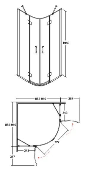Kabina prysznicowa półokrągła 90x90x195 cm Besco Viva 195 rys. tech.