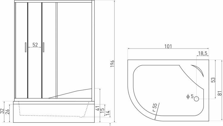Kabina prysznicowa z brodzikiem 100x80x196 cm Kerra Katia rys.tech.