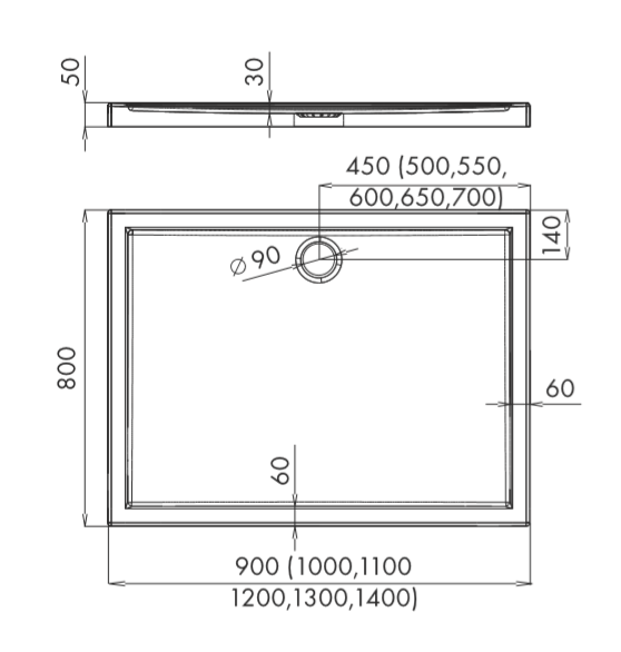 Brodzik prostokątny 80x90x5cm Schedpol Corrina 3.043 rys.tech.