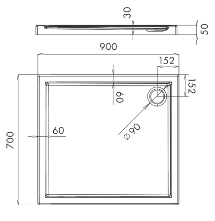Brodzik prostokątny 70x90x5cm Schedpol Caspar 3.2254 rys.tech.