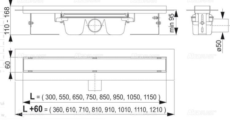 Odpływ linkowy APZ6 90 cm do pełnego rusztu Design 850 rys. tech.