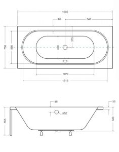 Wanna Prostokątna Vitae 170x75 cm rysunek techniczny.