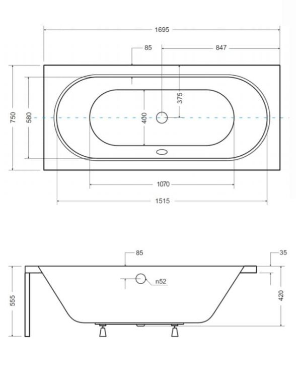 Wanna Prostokątna Vitae 170x75 cm rysunek techniczny.