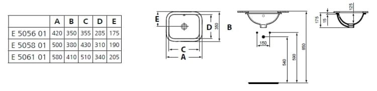 Umywalka prostokątna podblatowa 58x41 cm Ideal Standard Connect E506101 rysunek techniczny