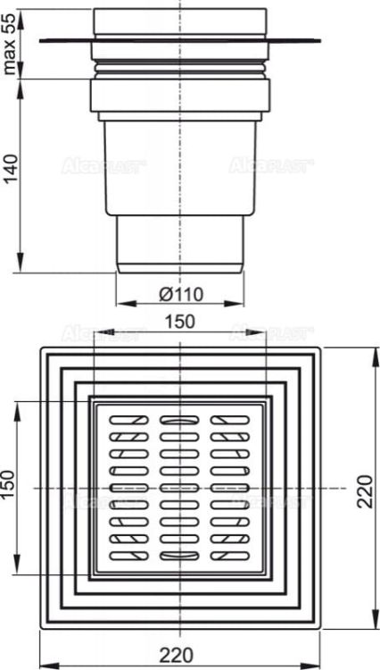 Kratka ściekowa plastikowa 150x150/110 mm odpływ pionowy Alcaplast APV11