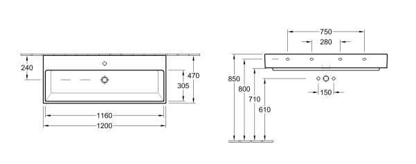 Villeroy&Boch Memento Umywalka 120x47 cm do armatury 3-otworowej rysunek techniczny