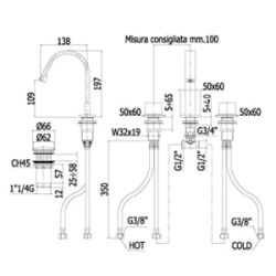Bateria umywalkowa Paffoni Level LEP053CR rysunek techniczny