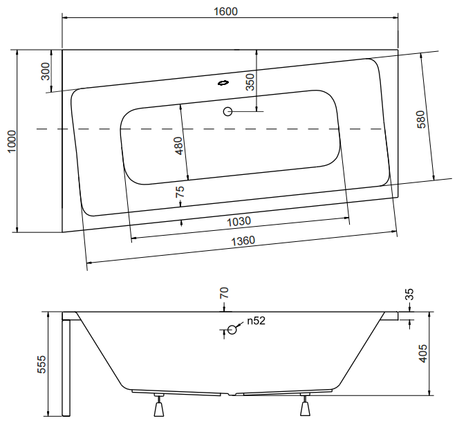 Wanna asymetryczna Besco 160x100 cm Infinity 160 lewa rys. tech.