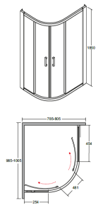 Kabina prysznicowa asymetryczna 100x80x185 cm Besco Modern 185 rys. tech.