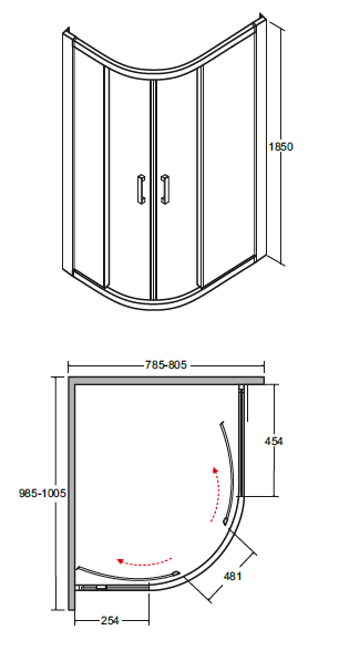 Kabina prysznicowa asymetryczna 100x80x185 cm Besco Modern 185 rys. tech.