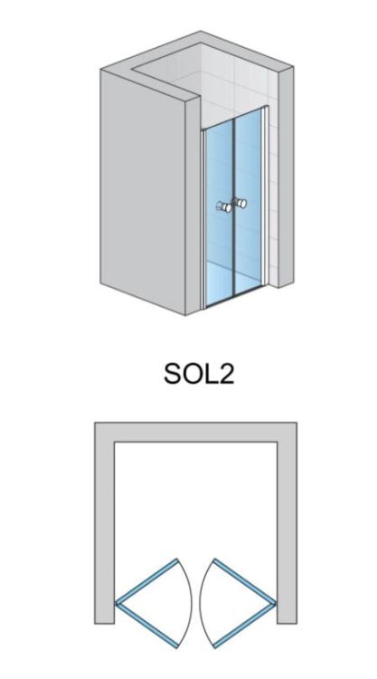 Drzwi prysznicowe dwuczęściowe do zabudowy wnęki SanSwiss Solino SOL2 rys.tech.