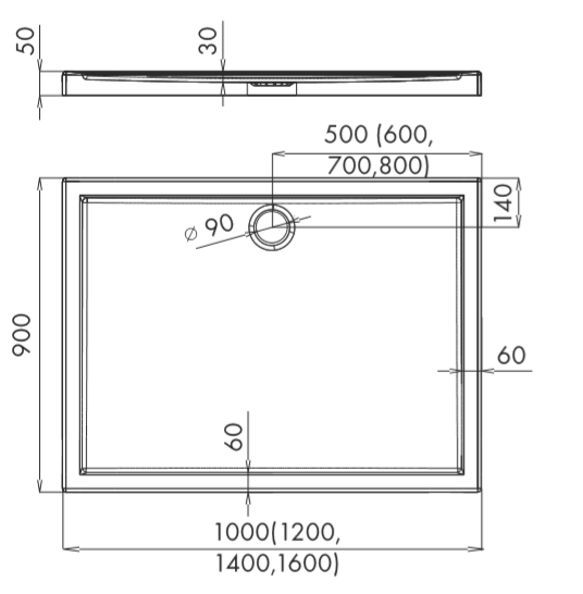 Brodzik prostokątny 90x100x5cm Schedpol Corrina 3.068 rys.tech.