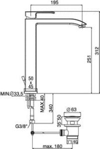 Bateria umywalkowa wysoka Paffoni Level LES085CR rysunek techniczny