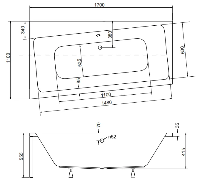 Wanna asymetryczna Besco 170x110 cm Infinity 170 lewa rys. tech.