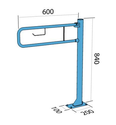 Uchwyt dla osób niepełnosprawnych 60 cm łukowy uchylny biały mocowany do podłogi z miejscem na papier toaletowy Makoinstal 32- URP 6p rys. tech.