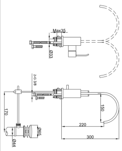 Bateria umywalkowa wysoka Kohlman Axis QB150N chrom rys. tech.
