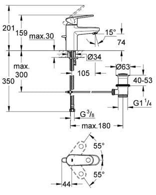 Bateria umywalkowa chrom Grohe Europlus 33156 002 rysunek techniczny