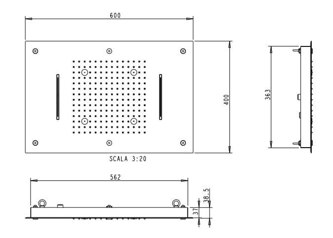 Deszczownica natryskowa prostokątna 60x40 cm stal nierdzewna Sphera Sky SD4956643CR - rysunek techniczny