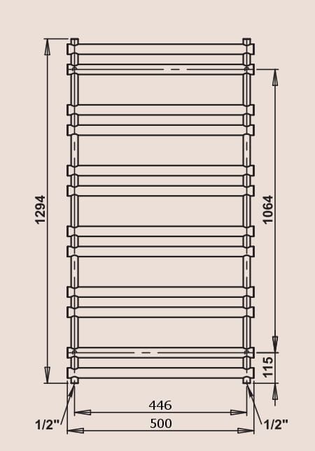 P.M.H. Ulysses U7A Grzejnik łazienkowy czarny 50 x129 cm rysunek techniczny