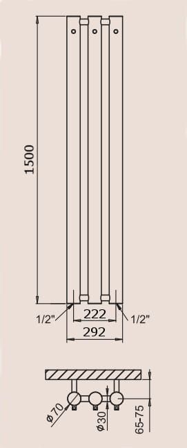 P.M.H. Rosendal Massive R70/3 Grzejnik łazienkowy kolor strukturalny 29,2 x 150 cm rysunek techniczny