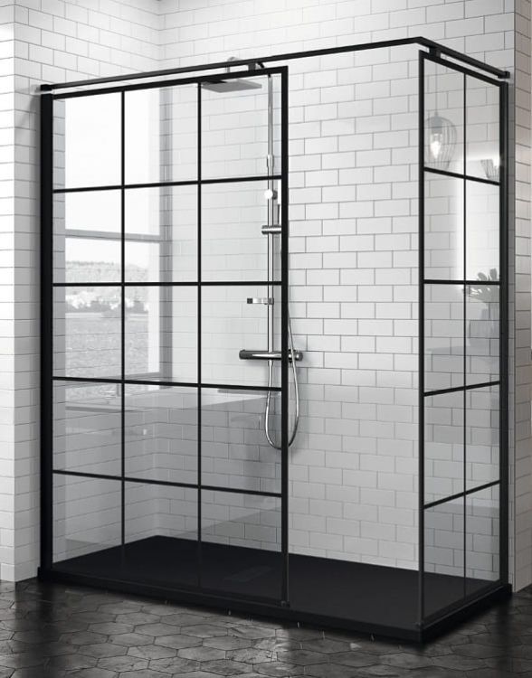 Kabina prysznicowa walk-in 100x140 cm czarny mat Novellini Kuadra H Squares KUADH10081H+KUADH14081H+KUADHSFN-H