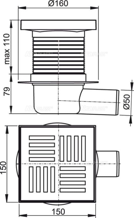 Kratka ściekowa plastikowa 150x150/50 mm odpływ boczny Alcaplast APV5211