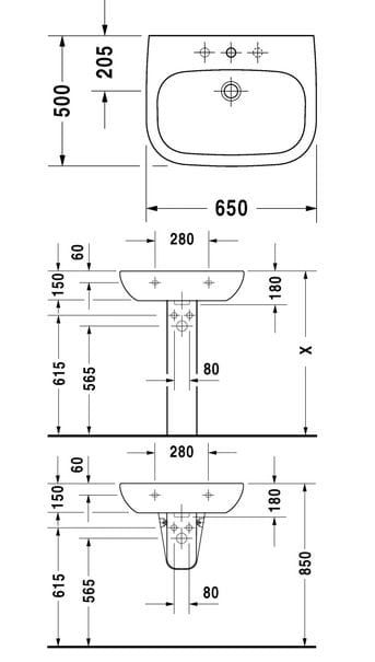 umywalka 65cm D-Code Duravit rys.tech.