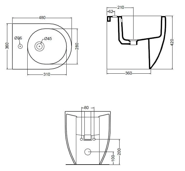 Bidet stojący 48 cm Kerasan Flo 312101 rys.tech.