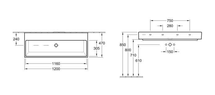 Villeroy&Boch Memento Umywalka 120x47 cm bez otworu na armaturę 5133C3R1 rysunek techniczny