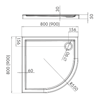 Brodzik półokrągły 80x80x5cm Schedpol Caspar 3.263 rys.tech.
