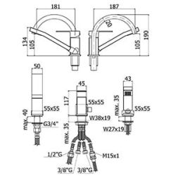 Bateria wannowa trzyotworowa z uchwytem Paffoni Effe EF040CR rysunek techniczny