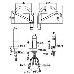 Bateria wannowa trzyotworowa z uchwytem Paffoni Effe EF040CR rysunek techniczny