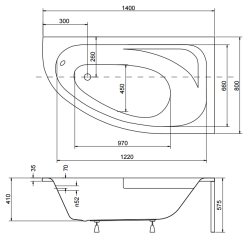Wanna asymetryczna 140x80 cm Besco Cornea 140 prawa rys.tech.