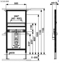 Stelaż montażowy pod umywalkę TECE profil 1120mm - z mocowaniem w komplecie 9310000 rys.tech.